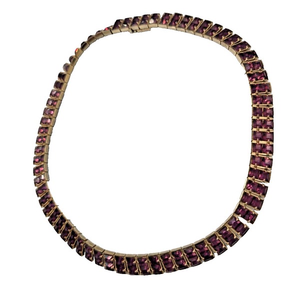 Vintage Weiss Purple Choker Necklace 1950s Rhinestone Signed 14" Gold tone - Picture 4 of 13